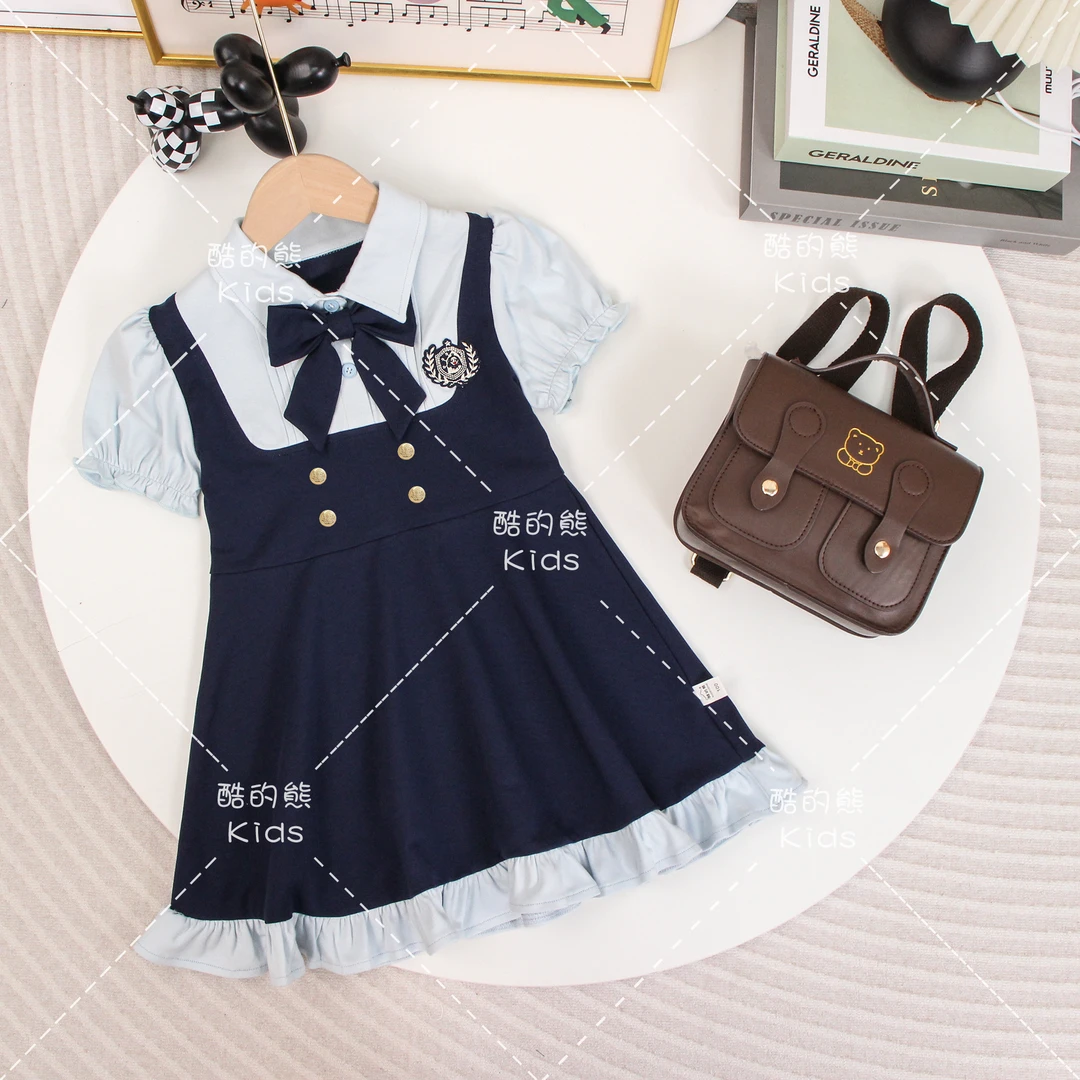 儿童夏季时尚藏蓝色小裙子2025女童韩版学院风短袖连衣裙D2S5-830