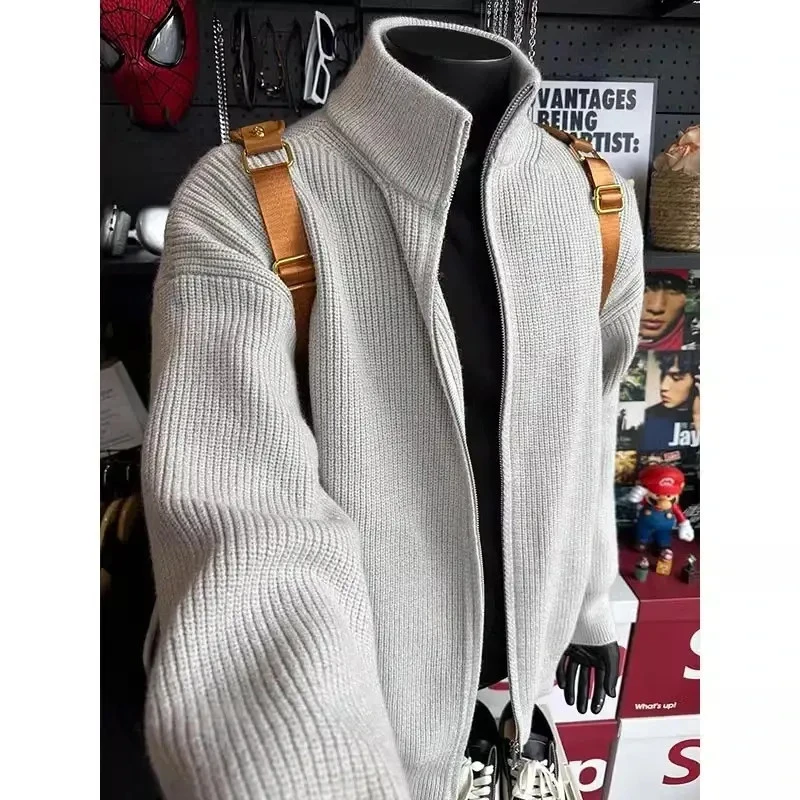 vintage浅灰色拉链开衫毛衣男春秋季高级感慵懒风立领针织衫外套