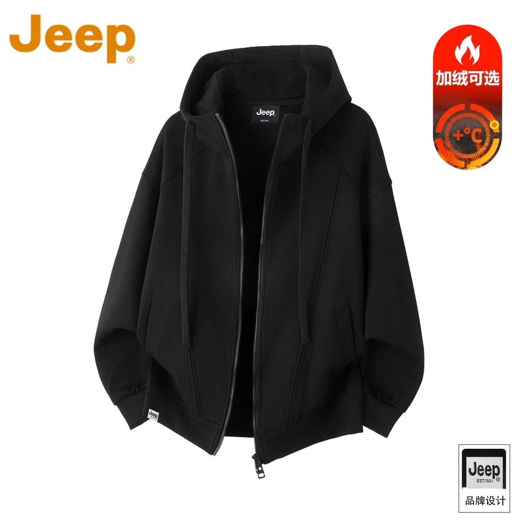 JEEP吉普美式加绒连帽卫衣男款秋冬季新品休闲百搭开衫外套上衣服