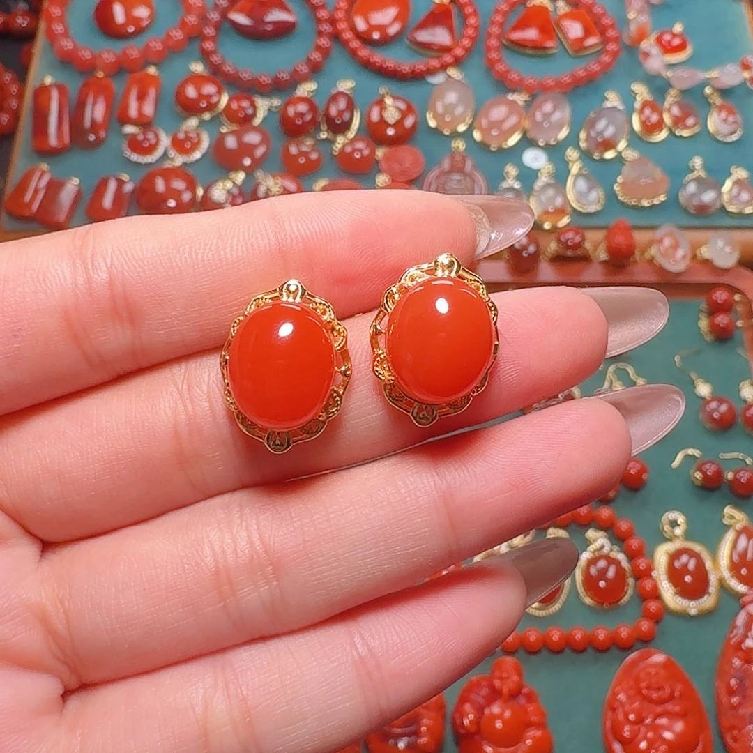 南红玛瑙银S925镶嵌耳饰
