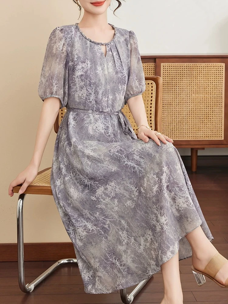 X0592 大码法式中老年女装中年收腰雪纺裙复古提花优雅印花长裙