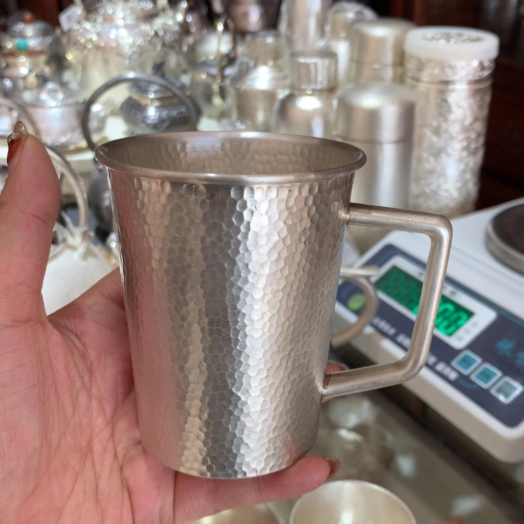 足银999锤纹简约茶杯300容量