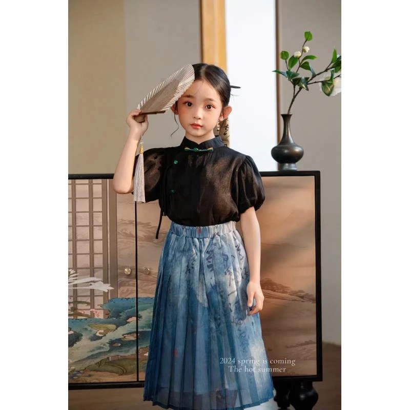 《现货》蓝色马面裙水墨画旗袍上衣新中式国风复古高级夏季女童