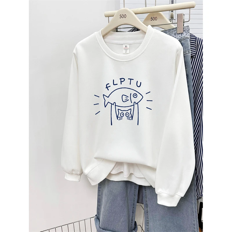 正肩卫衣女秋冬季2025新款宽松大码胖mm圆领长袖套头慵懒风上衣