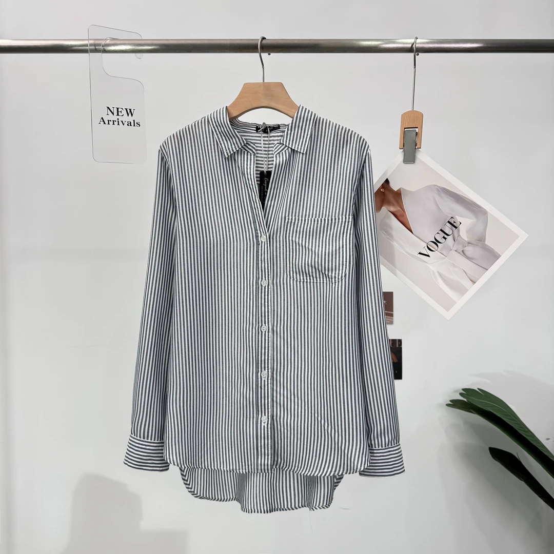 B388长袖常规复古日系时尚斜襟条纹衬衫黑白宽松百搭衬衣