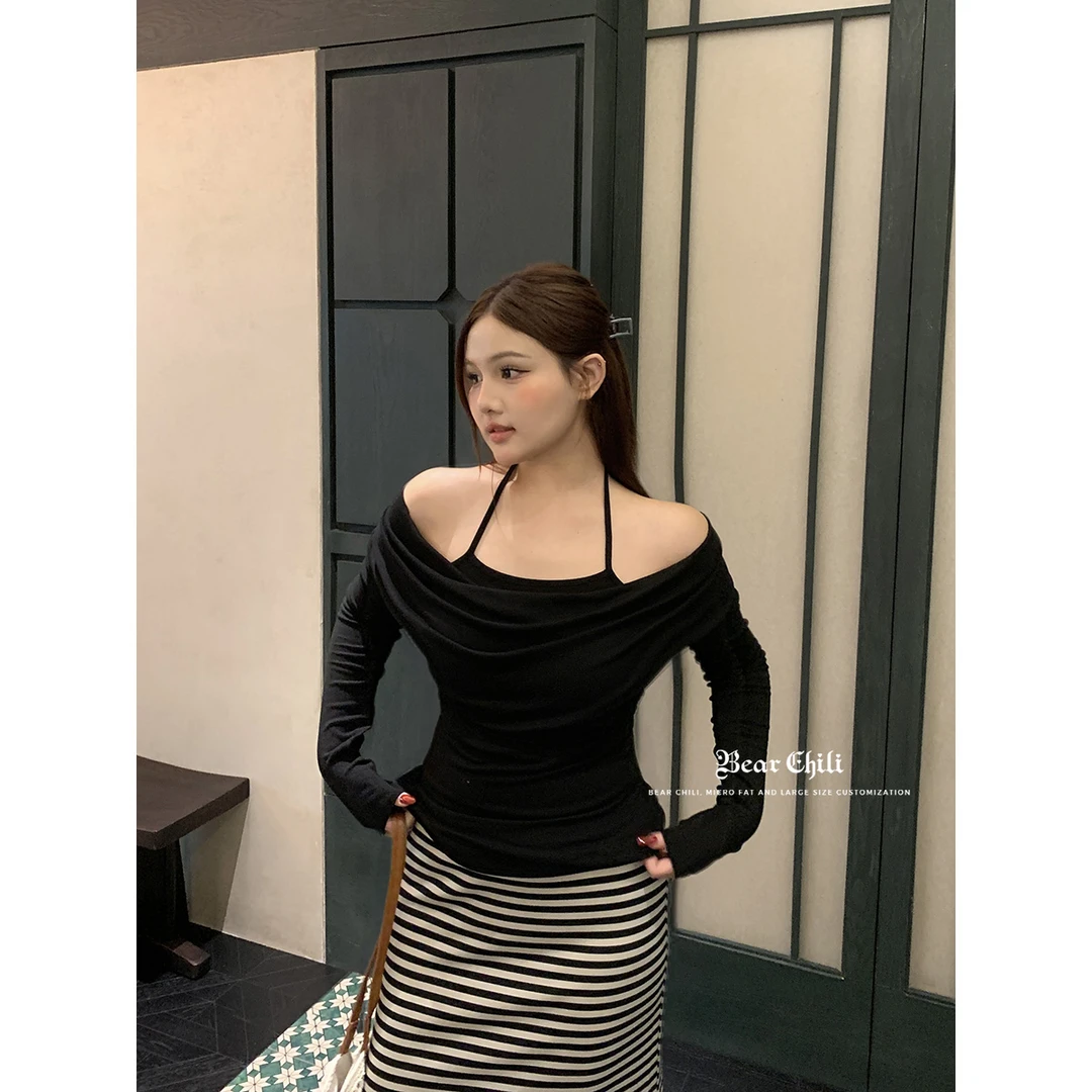 Bear Chili长袖打底衫假两件荡领纯欲风挂脖春秋修身设计感T恤女