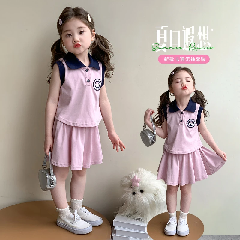 小女孩夏装洋气女宝宝polo无袖套装时髦女宝宝短裤两件套新款小童