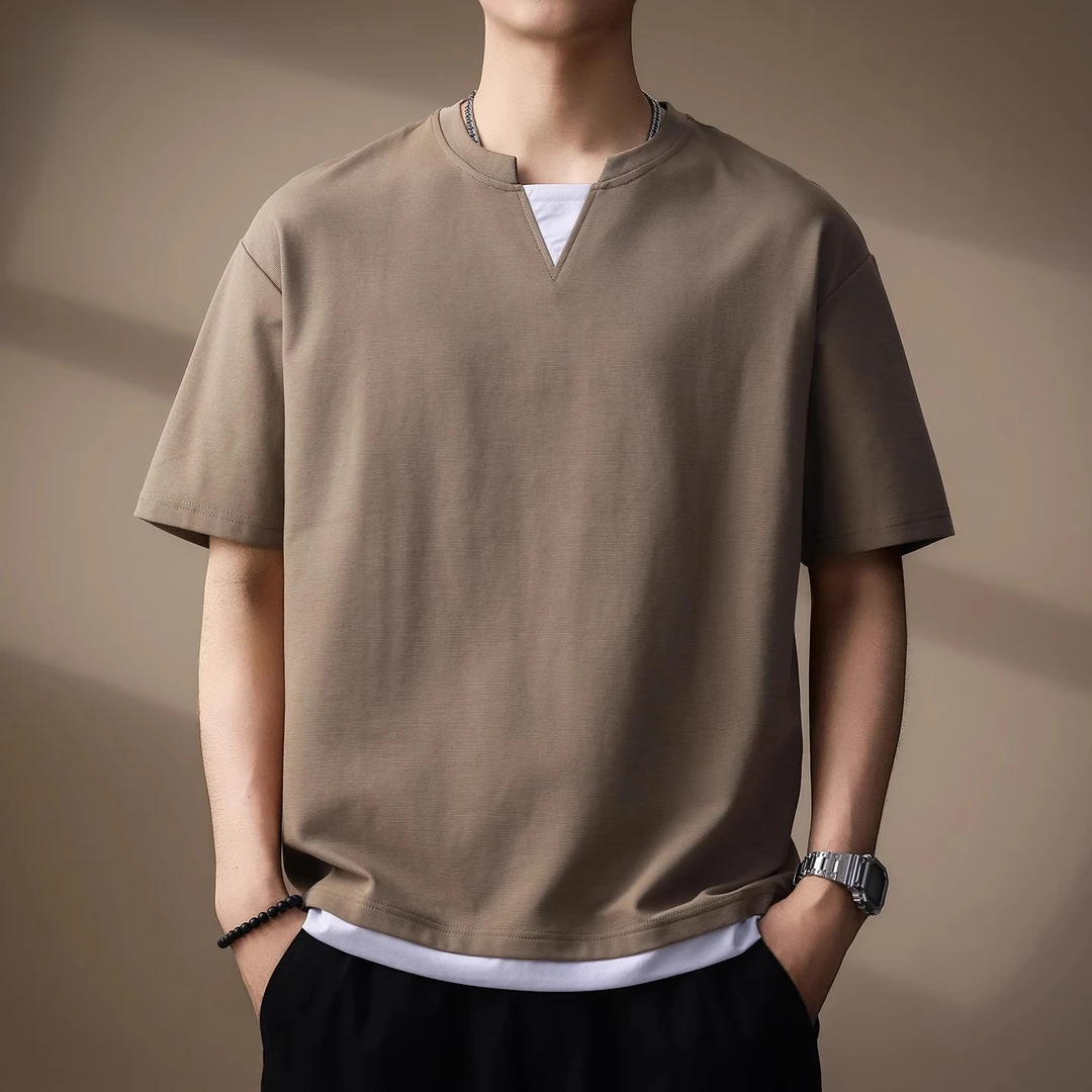高端肌理感假两件V领短袖T恤男士夏季新款撞色宽松休闲半袖体恤衫