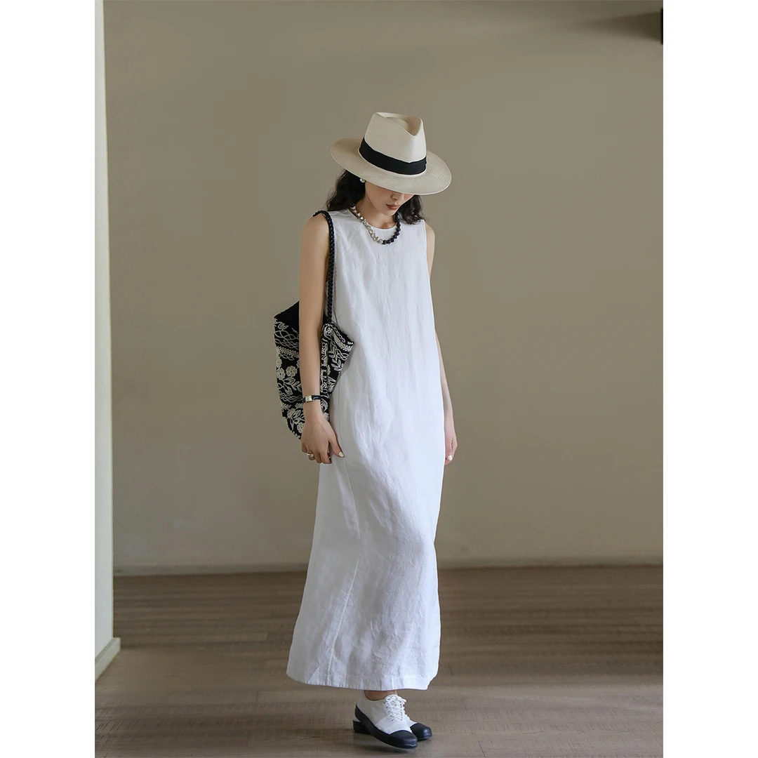 麻霖汉麻斜纹17支高密织造水果酵素洗敦实垂坠圆领无袖时尚连衣裙