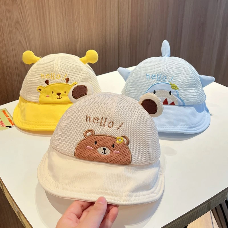 婴儿遮阳帽夏天大帽檐卡通小熊网眼儿童渔夫帽透气宝宝鸭舌帽