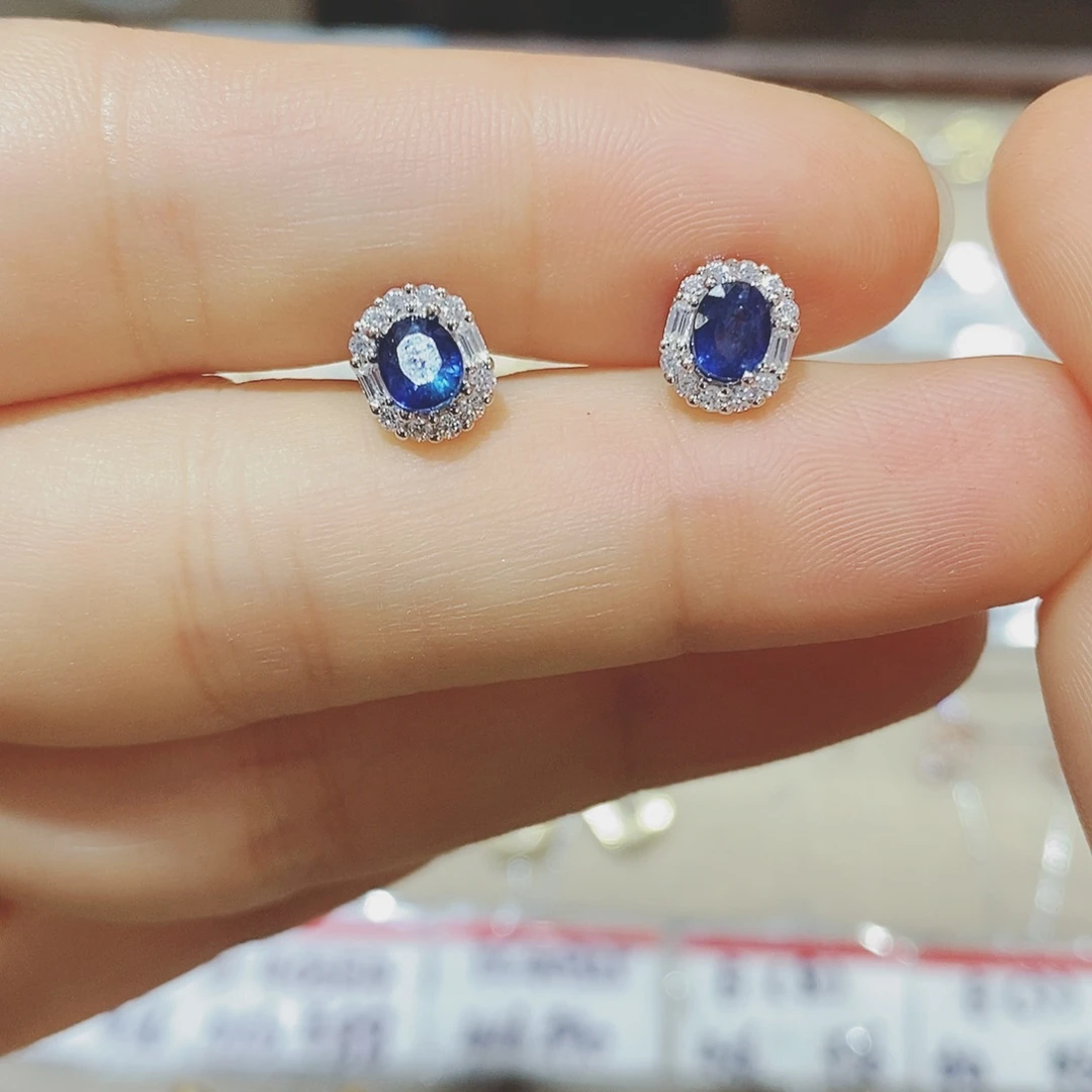 蓝宝石耳饰银S925镶嵌ღ**