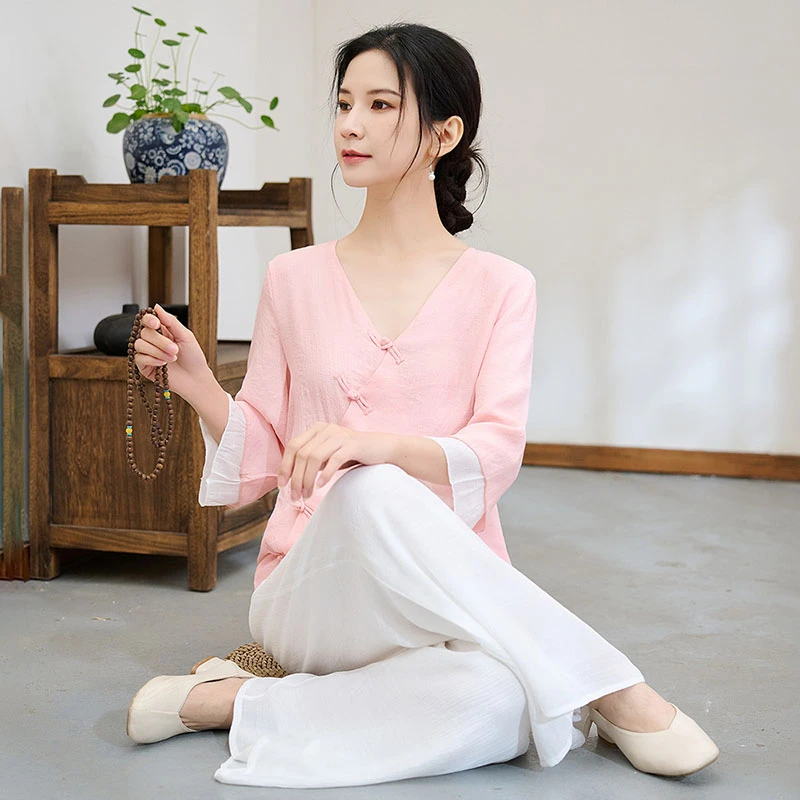 佛系素衣棉麻禅意服女打坐服练功服养生服冥想服国风瑜伽服两件套