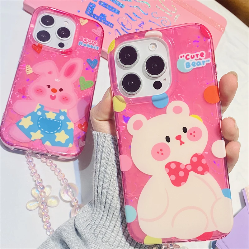 粉色小熊兔子手链适用iPhone14promax手机壳苹果16pro网红15女13