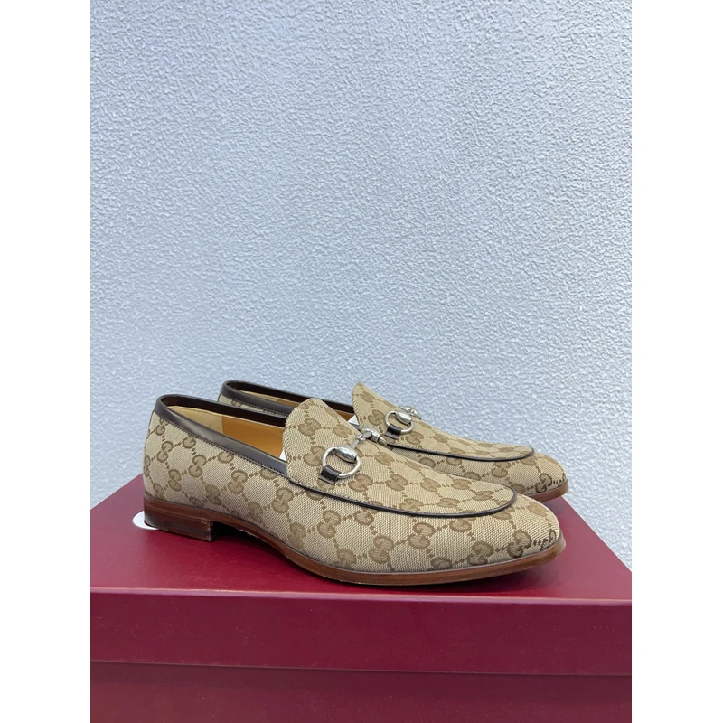 全新未使用Gucci古驰 男士卡其色双G满logo花纹套脚一脚蹬乐福鞋