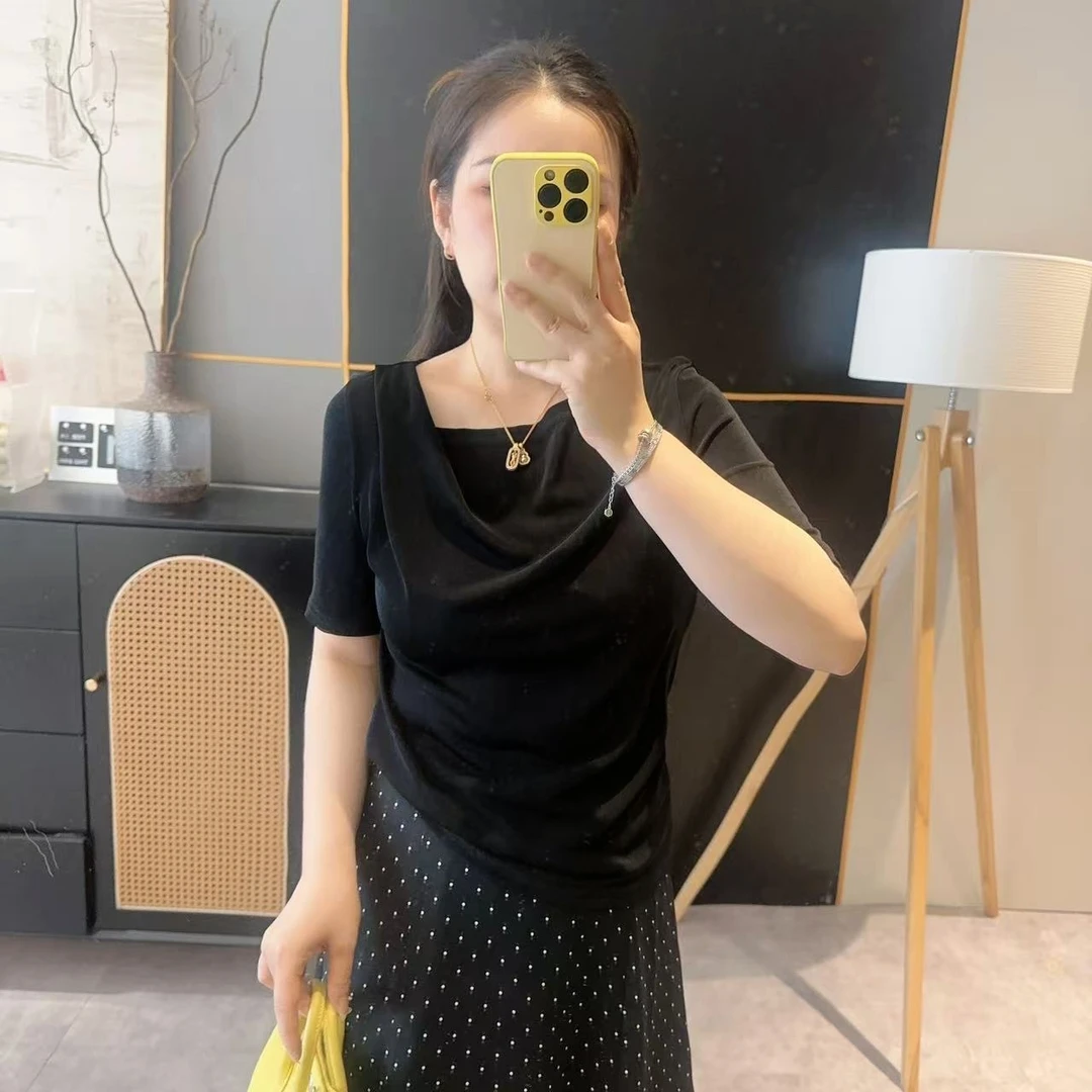 【欧加粒粒】褶皱一字领醋酸料垂感T恤~2025夏季设计感 CJ25043021