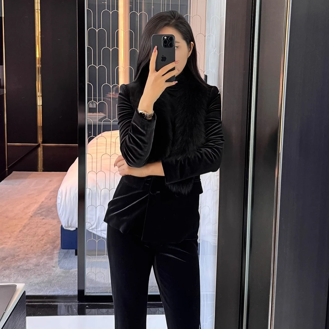 老钱轻奢复古黑色丝绒西服高端秋季套装高定西装秋冬显瘦-2471