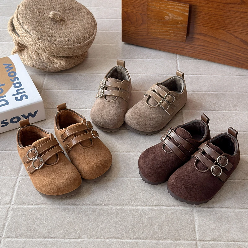 儿童勃肯鞋女童皮鞋加绒保暖棉鞋男宝洋气休闲小女孩豆豆鞋外穿25