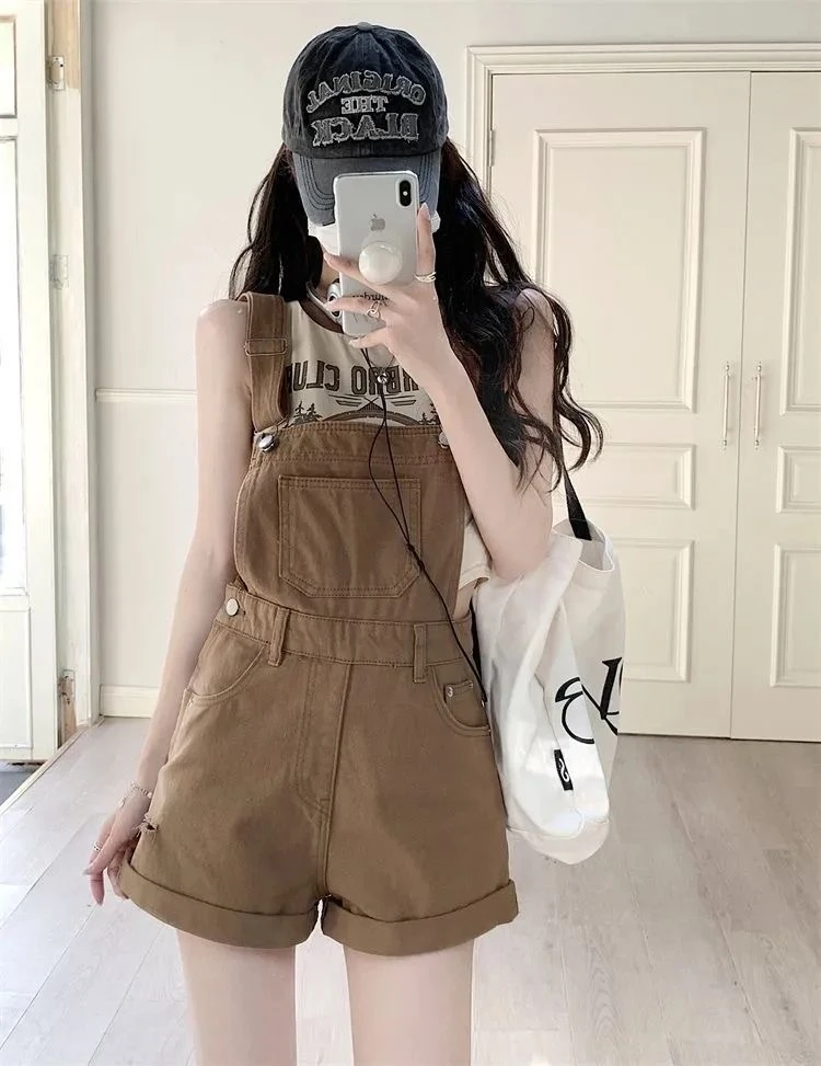 3韩版夏季2025短款牛仔背带裤女高腰显瘦小个子减龄甜美裤子休闲