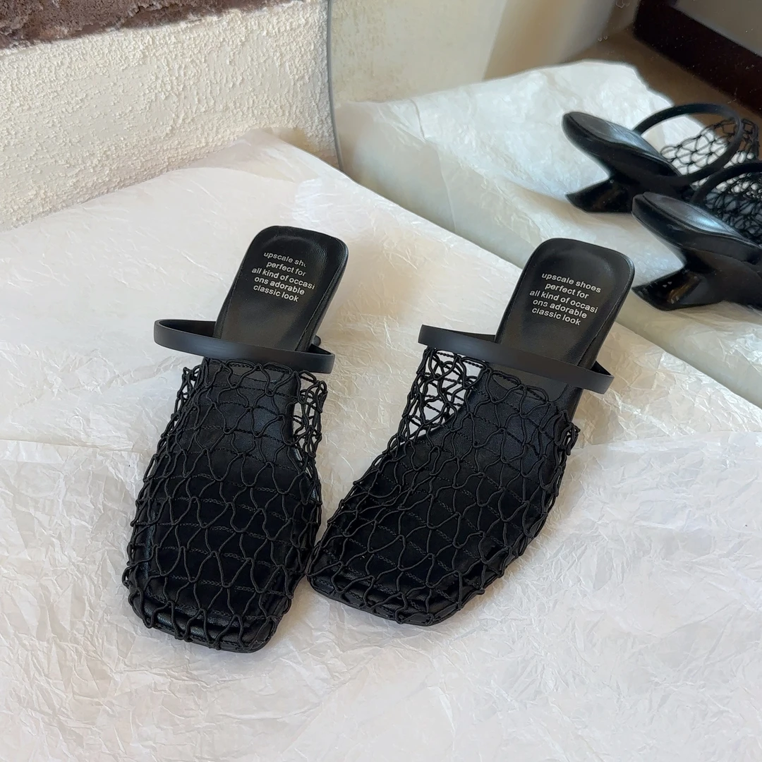 【王二今】5CM/设计感拼接编织渔网镂空一字带方头气质凉拖鞋女