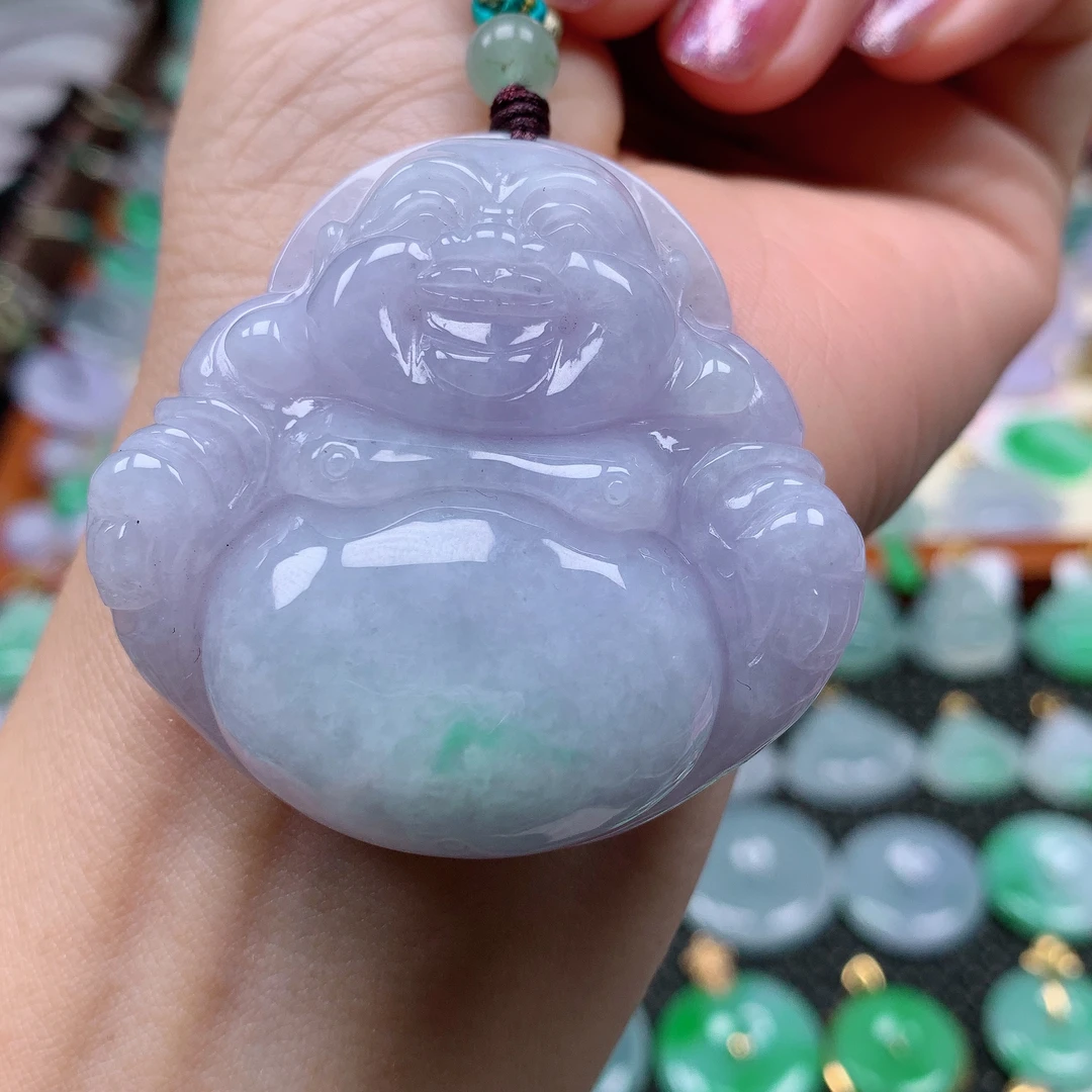 缅甸天然A货翡翠，春彩佛公，编号446/1025尺寸47.3-49-12.8