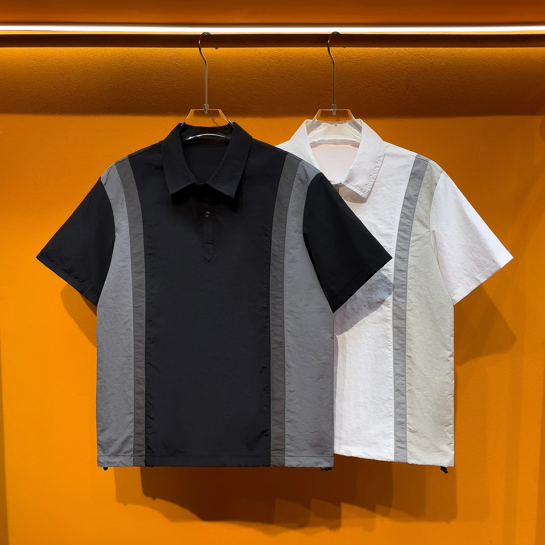 夏季个性撞色短袖衬衫男士上衣翻领半门襟套头休闲衬衣服