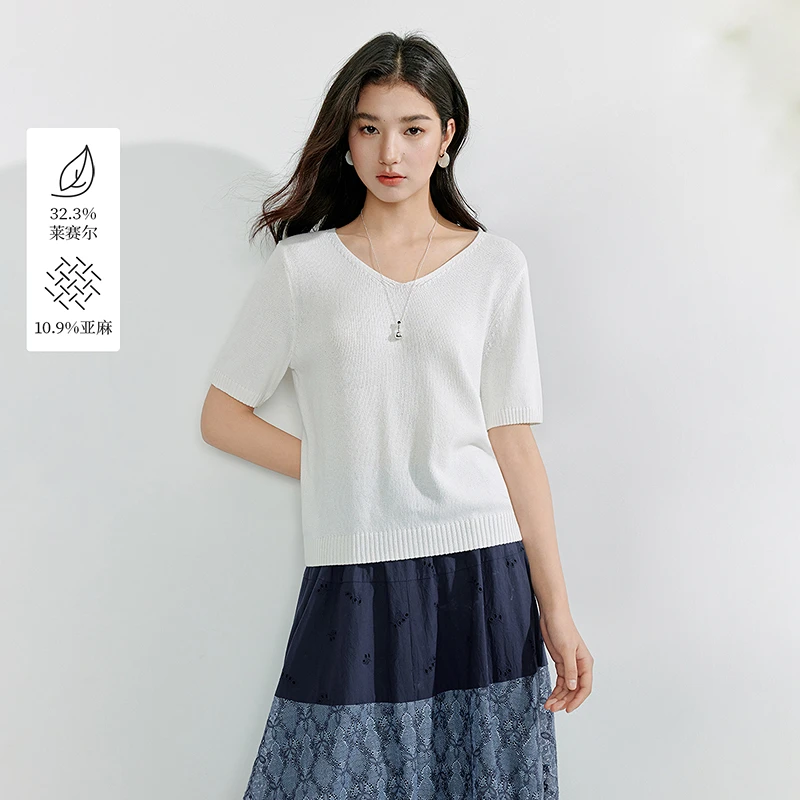 【商场同款新品】茵曼2025夏季亚麻薄款针织衫时尚气质显瘦V领短袖