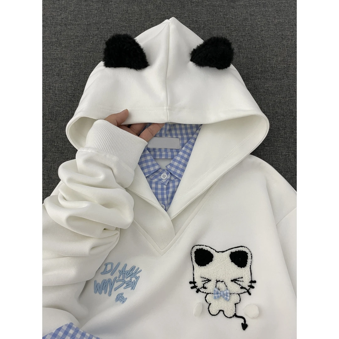美式复古猫咪刺绣格子假两件连帽卫衣女秋季宽松慵懒休闲外套