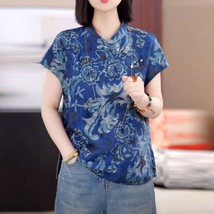 新中式真 丝衬衫女短袖夏季新款高端立领盘扣小衫国风桑蚕 丝上衣
