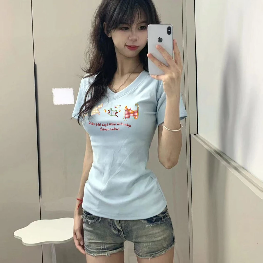 夏装修身短袖夏季打底辣妹t恤紧身V领百搭女装新款显瘦上衣女ins