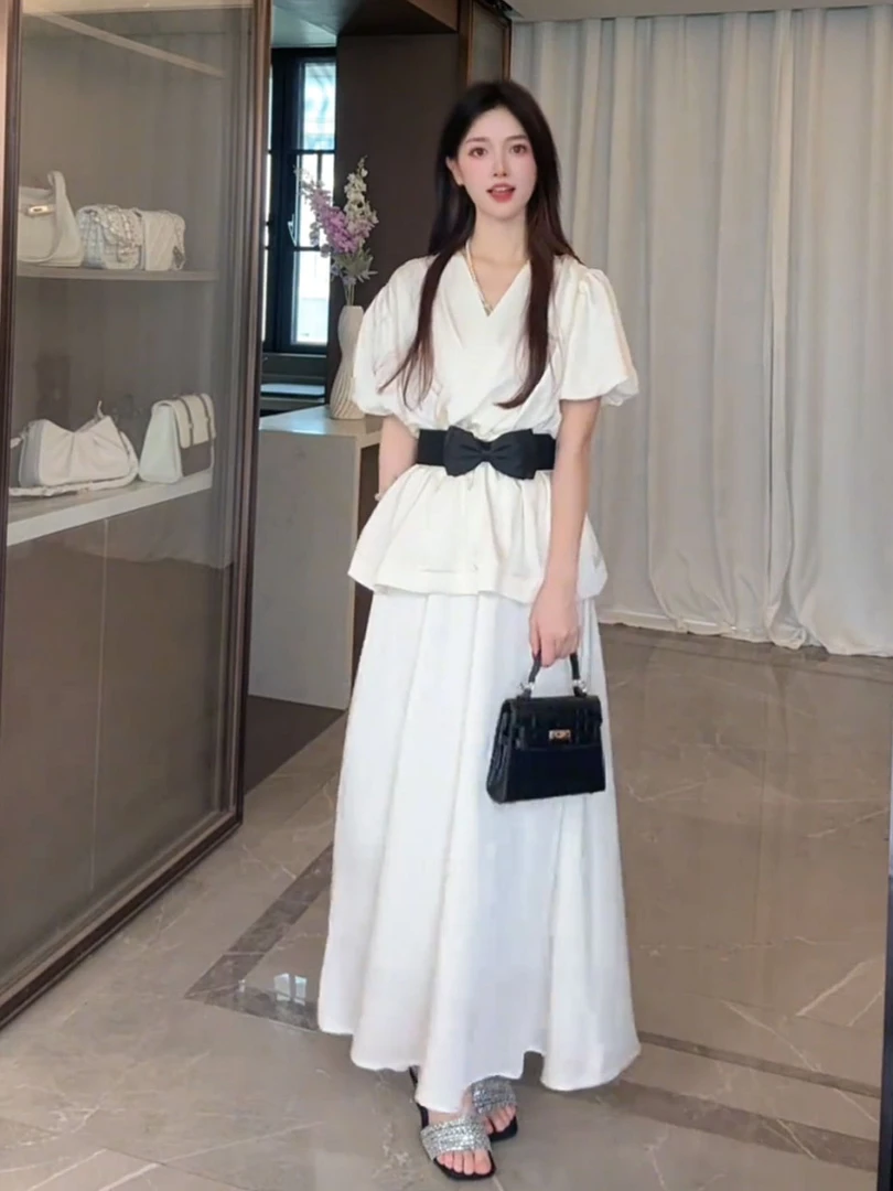 法式高级感套装女2025夏季新款蝴蝶结收腰泡泡袖衬衫半身裙两件套