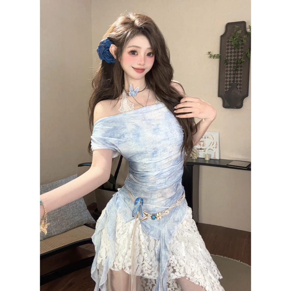 ｛像素信}网纱一字肩上衣女夏薄款 辣妹夏季蓝色设计感纯欲