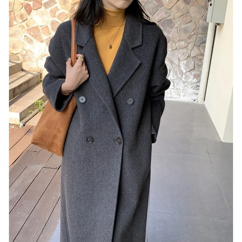 【万达撤柜】长毛加厚双面大衣女中长款韩系高级感双排扣羊毛呢大衣
