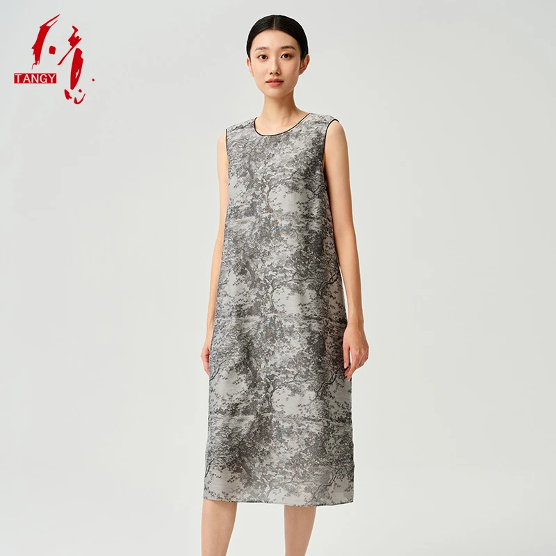 TANGY/天意2025春夏季水墨欧若新中式复古印花连衣裙W252800