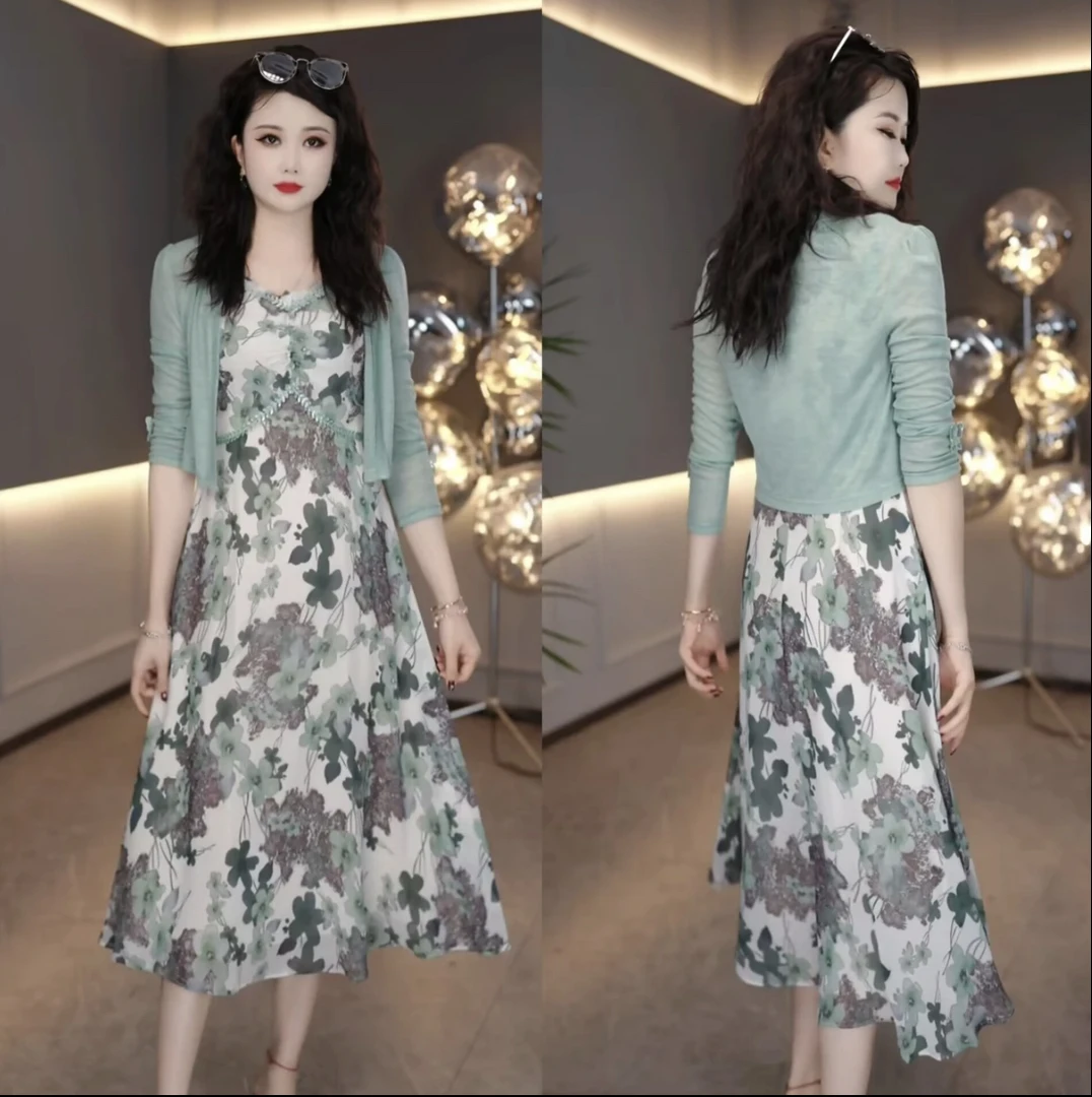 【两件套】外披+背心裙 2025开春穿搭独特设计感绿色印花连衣裙