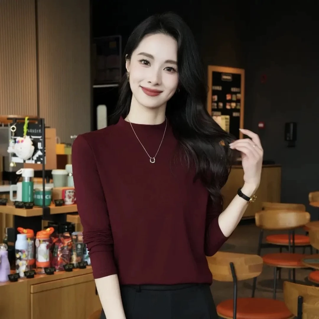 加绒磨毛长袖秋冬打底衫圆领半高领T恤百搭显瘦内搭简约气质外穿