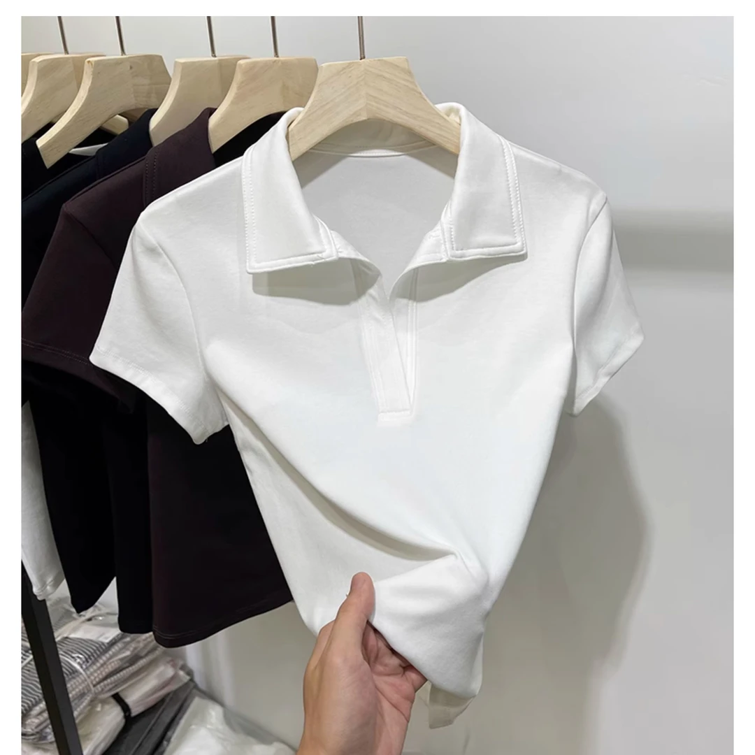 欧货百搭翻领正肩短袖t恤女2025夏季新款修身短款洋气POLO衫上衣