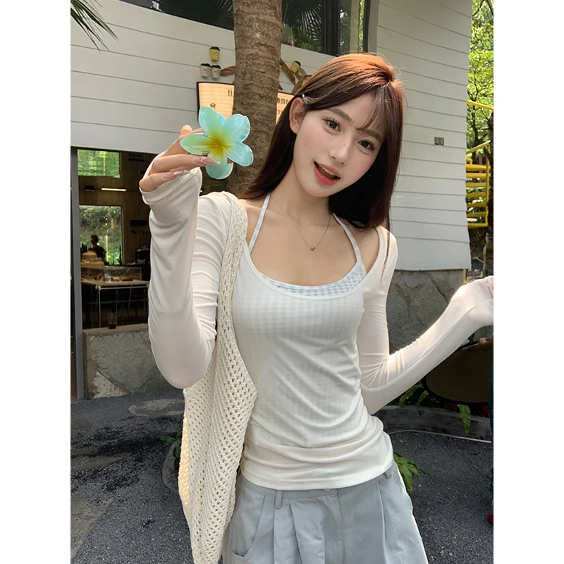 宋正恩U领防晒罩衫长袖t恤女夏季修身韩系设计感叠穿上衣AA6895