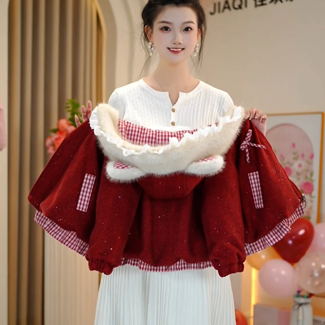 【佳琪妈】年服圣诞极寒系列女童红色加绒加厚毛呢棉服外套-7211#