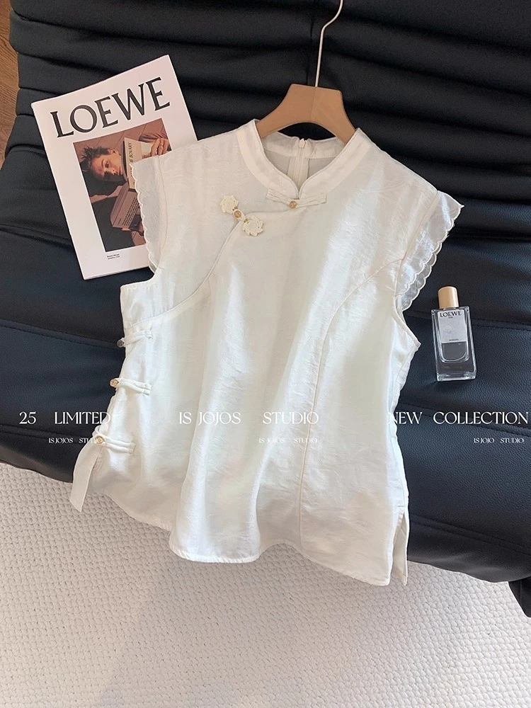 新中式暗纹提花盘扣短袖衬衫女夏2025国风复古收腰小飞袖气质上衣