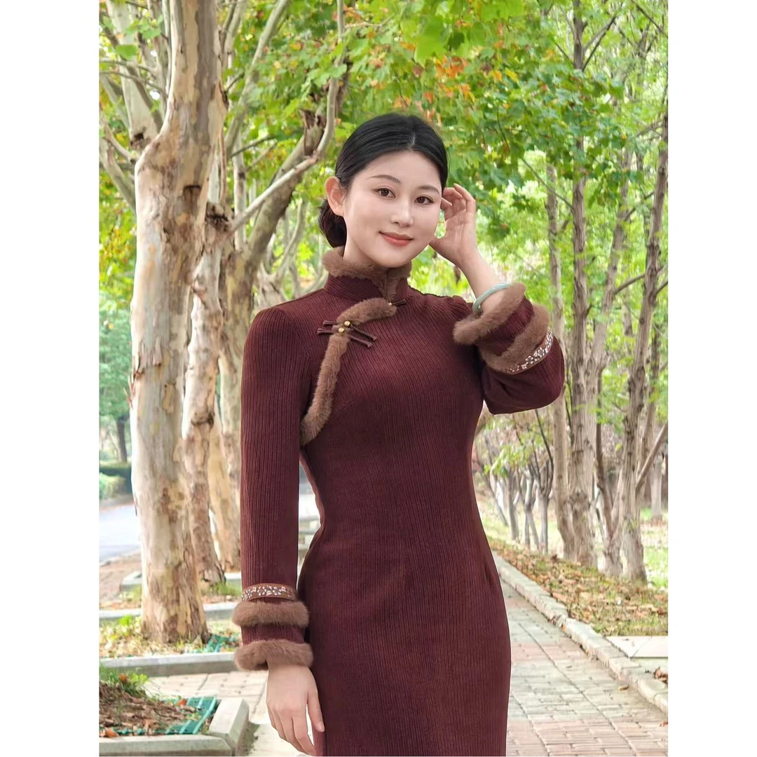 【梧桐】新中式袖型长旗袍咖啡色旗袍气质网红复古显瘦