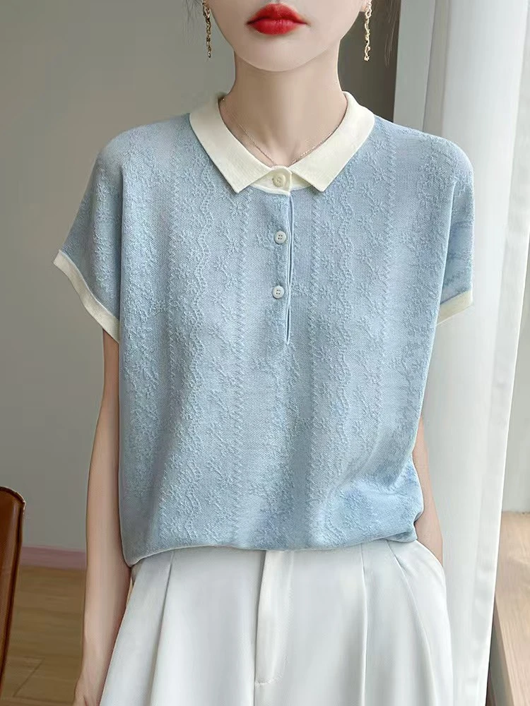 夏季polo衫短袖针织网纱雪花莱赛尔凉感气质薄款撞色T恤洋气
