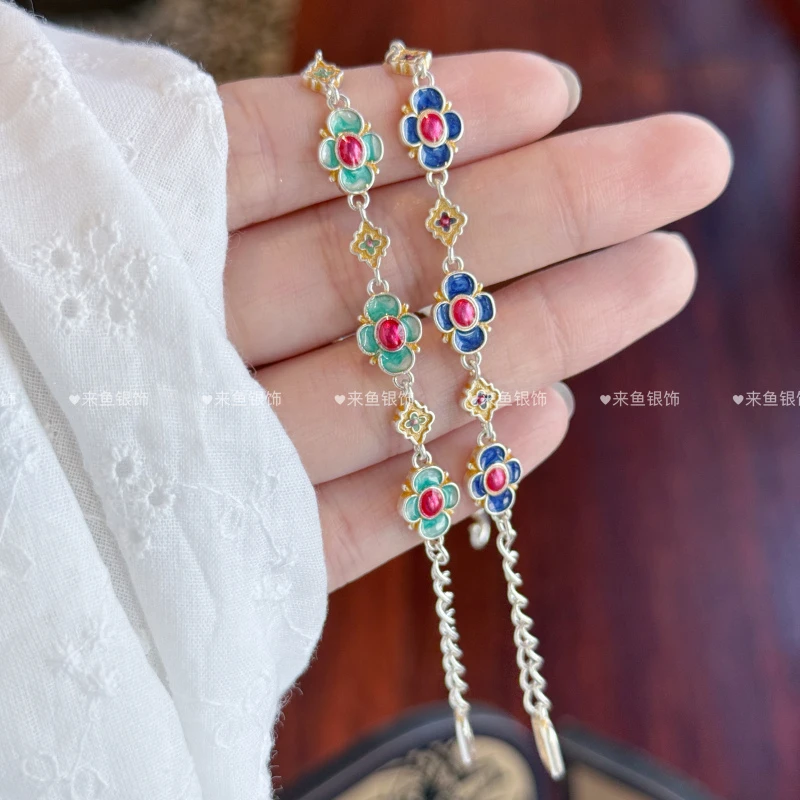 足银手链 蔓光•足银999.9珐琅新中式国风花朵宫廷小众纯银手链