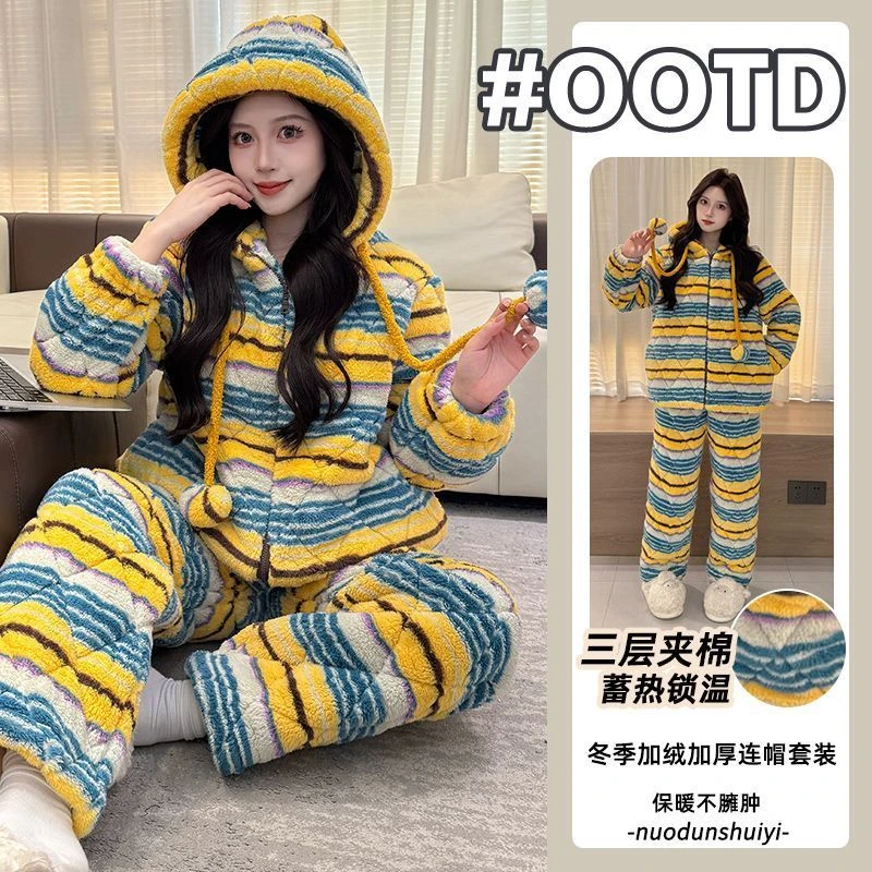 2025年秋冬季加绒加厚长毛绒睡衣女士珊瑚绒三层夹棉家居服套装