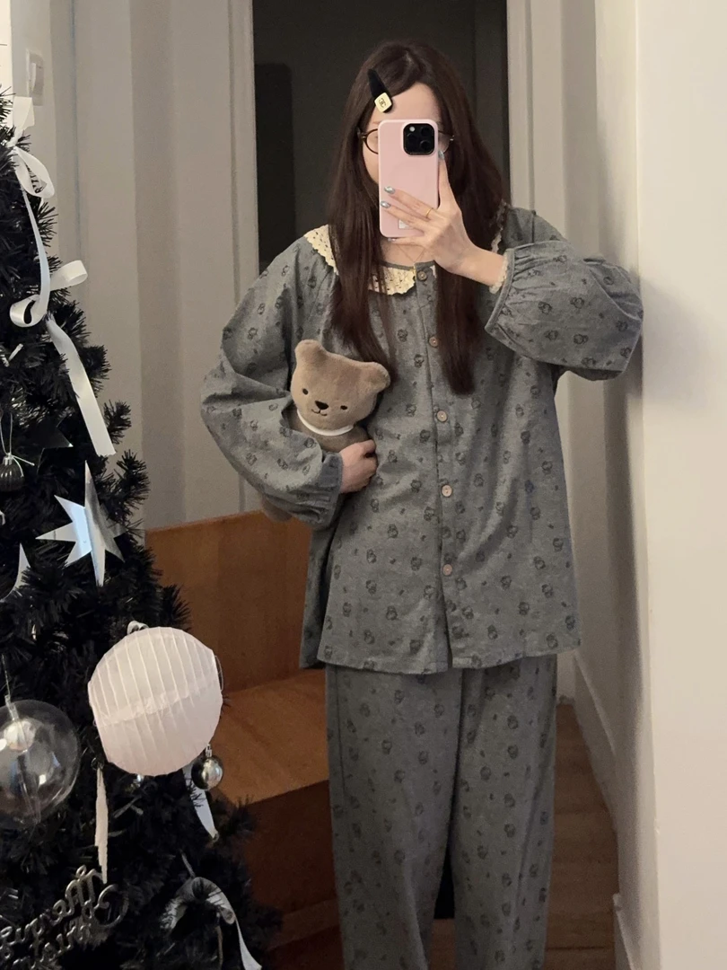 韩系ins网红纯棉睡衣女春秋季外穿休闲高级感长袖长裤家居服套装