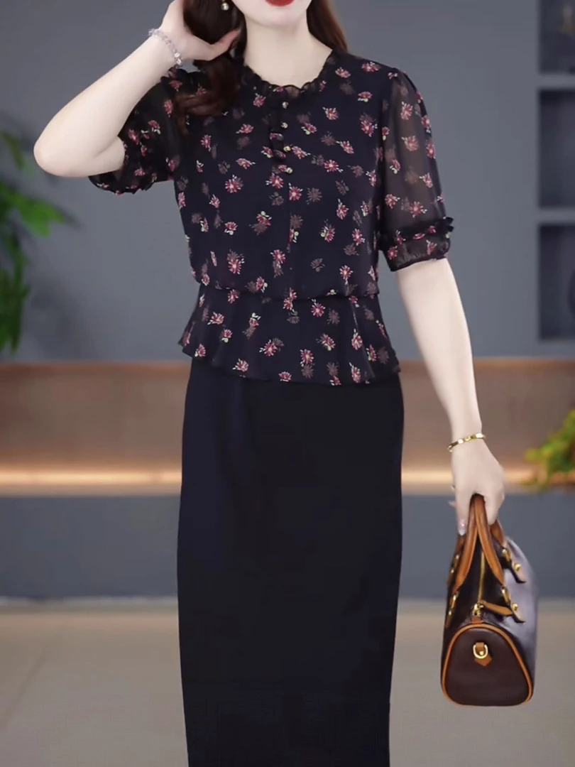 高级琉璃丝时尚洋气翠花假俩件礼服裙2025夏季新款中年妈妈连衣裙