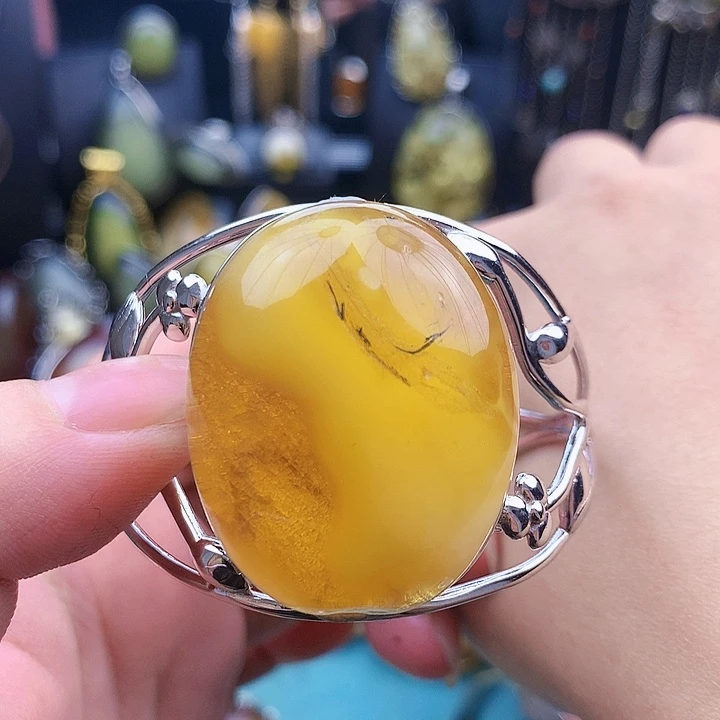 琥珀裸石银S925镶嵌手镯