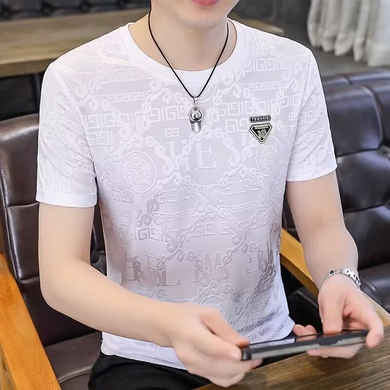 【新客福利】高档冰丝提花短袖T恤男夏季薄款潮流透气圆领休闲上衣