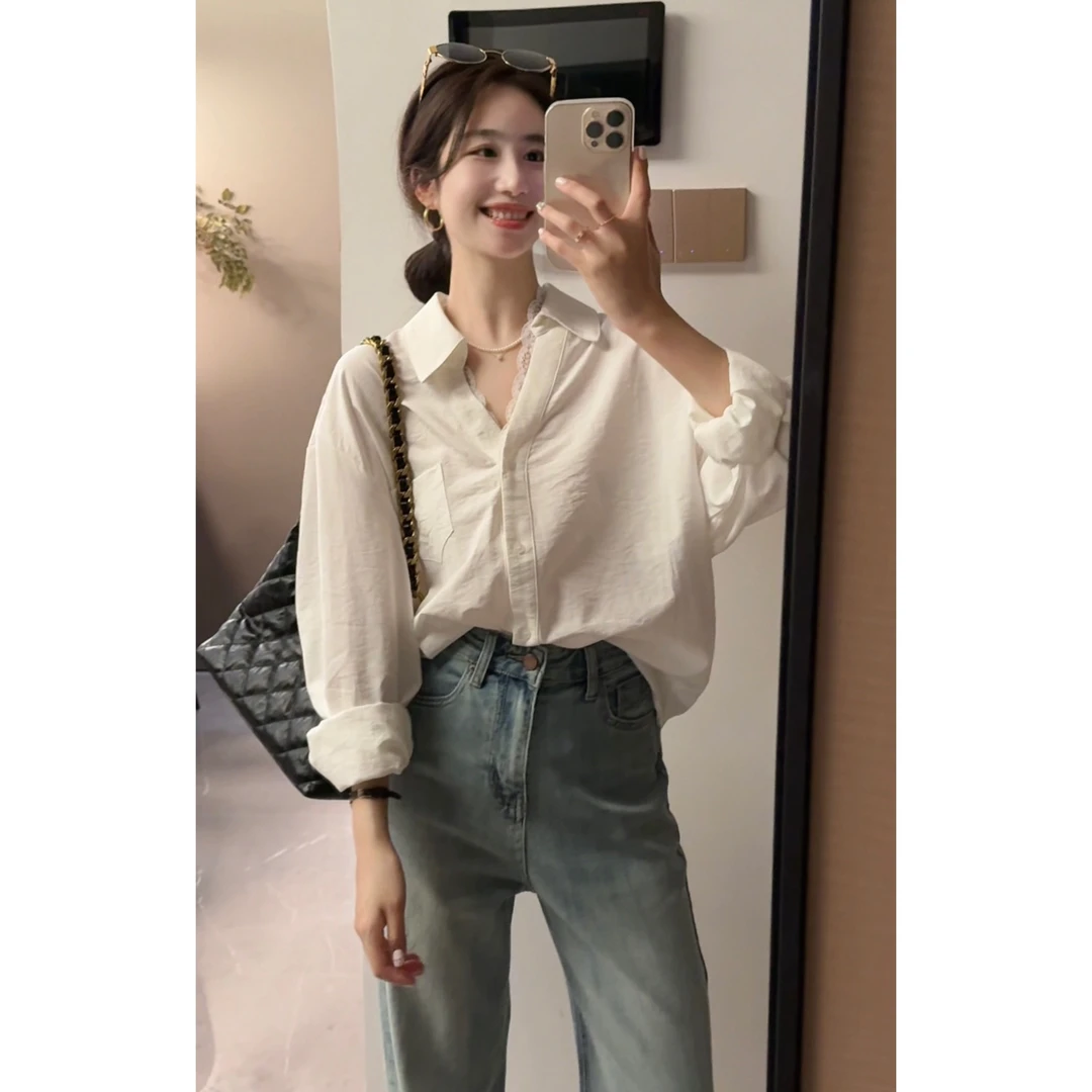 【高智感】极简气质V领拼蕾丝白色衬衫女春秋上衣