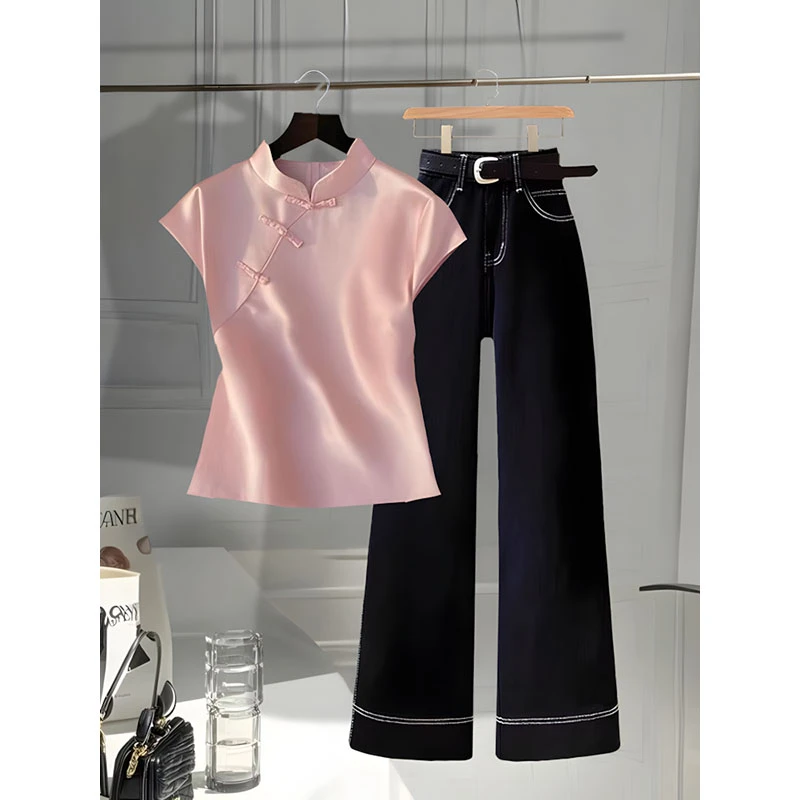 春季新款轻奢小众新中式粉色短袖女小个子深色休闲裤两件套装