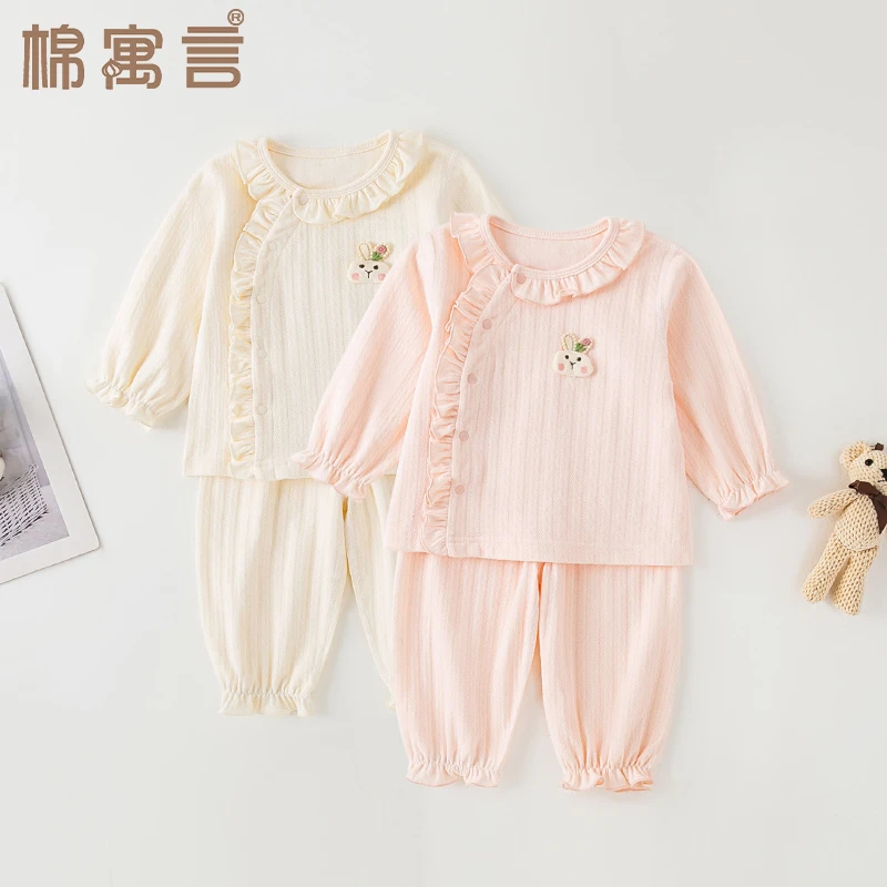 宝宝家居服女童春秋纯棉可外穿分体两件套可爱木耳边长袖睡衣套装